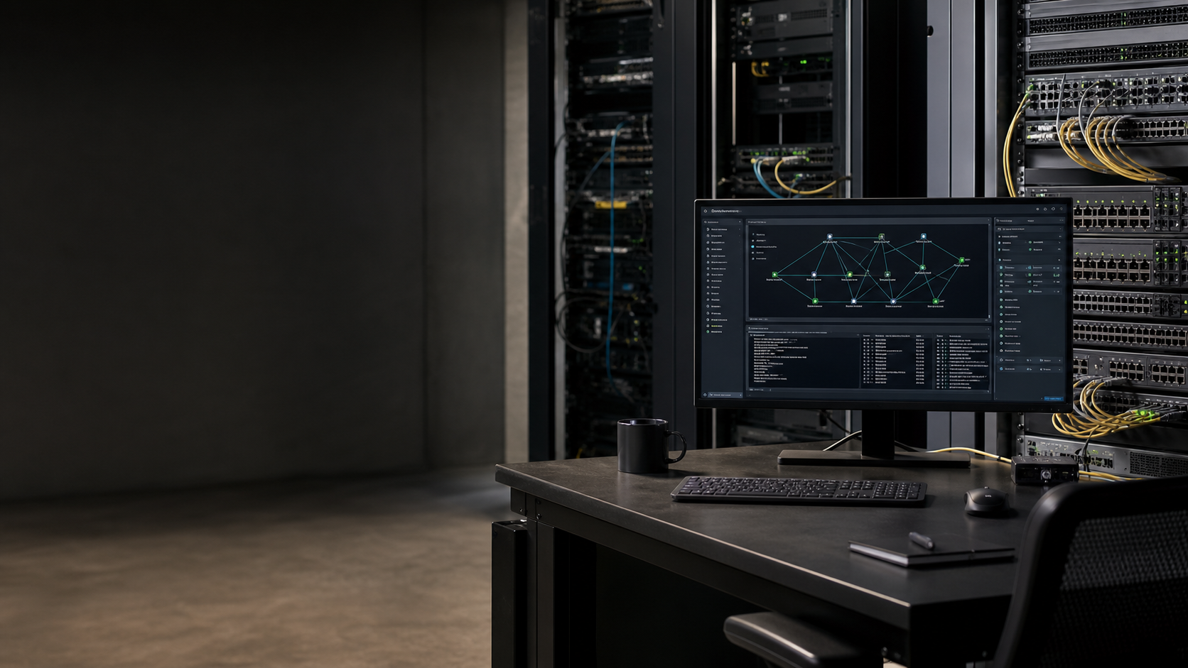 Network operations workstation beside enterprise routing and switching hardware
